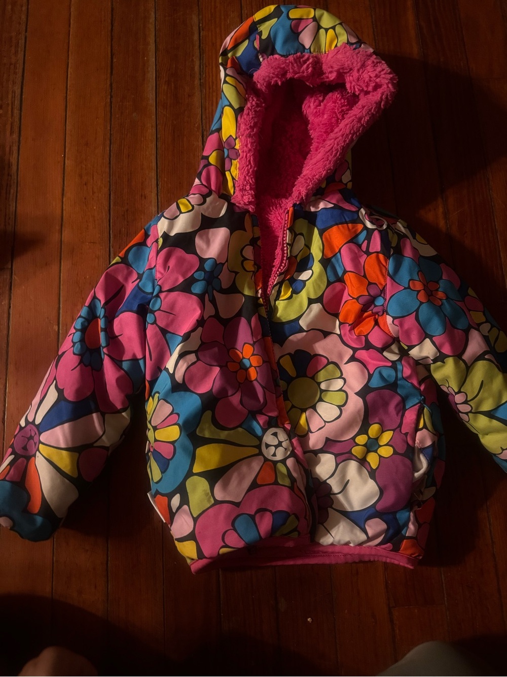 Hanna Andersson Multicolor Floral Hooded Puffer Jacket with Pink Sherpa size 3T